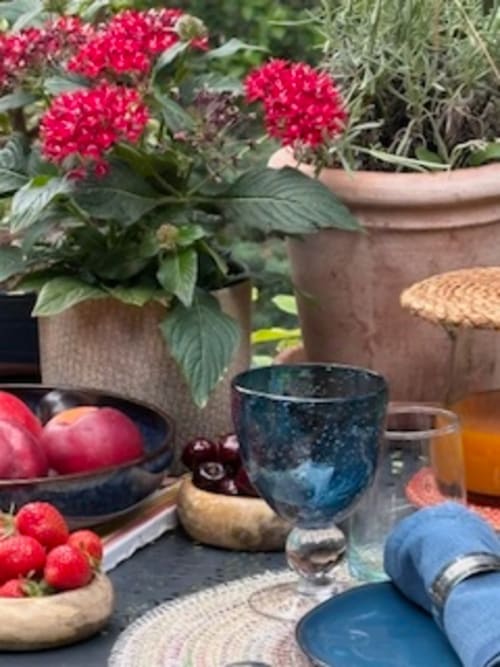 Terrasse avec vue sur le jardin du Lou Paradou Lodge, avec fleurs rouges éclatantes, baies fraîches et vaisselle bleue à Grillon