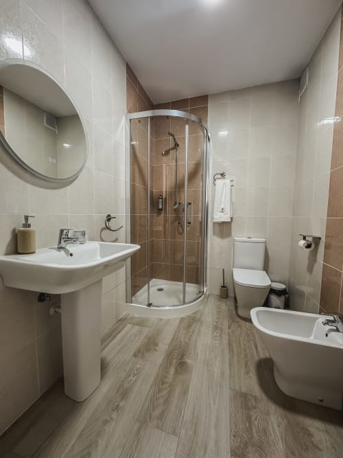 Modern bathroom at Alojamientos Estrella Baeza with shower, sink, toilet, bidet and wood-look flooring in Baeza apartment