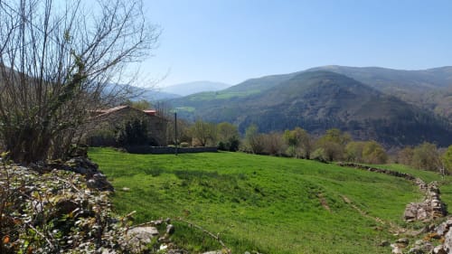 Lush green meadow at Posada La Colodra in Los Tojos with mountain views and rustic stone walls