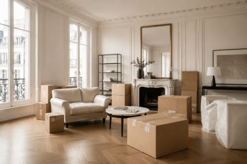 Élégant appartement de Versailles avec cartons de déménagement, canapé beige, cheminée et fenêtres classiques à la française