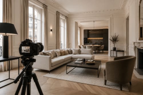 Suite élégante de Versailles avec sièges crème, cheminée et cuisine moderne visible par l'arche