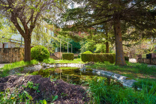 Jardín apacible del hotel La Gerencia en Checa con árboles frondosos, estanque reflectante y senderos de piedra