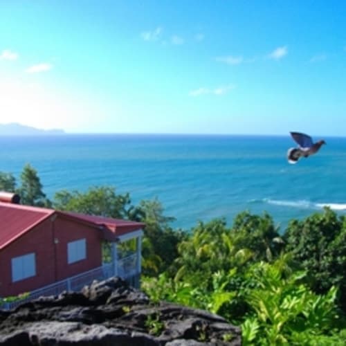 Petit cottage rouge du gîte Le Nid De Bellemont avec vue sur l'océan bleu à Trois-Rivières, Guadeloupe