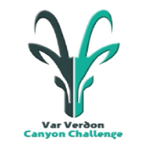 Logo du défi Canyon Var Verdon avec un design végétal stylisé en teintes de bleu canard et vert foncé