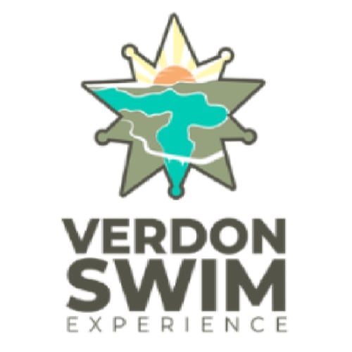 Logo Verdon Swim Experience avec une étoile, carte de Les Salles sur Verdon, soleil et éléments aquatiques
