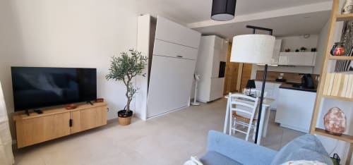 Studio Zoppas à Aix-les-Bains avec kitchenette, canapé bleu, meuble TV en bois et électroménager moderne