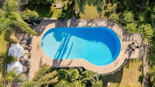 Aerial view of kidney-shaped swimming pool surrounded by palm trees and loungers at Dimora Silva Nature Suites villa in San