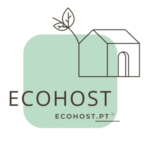 EcoHost logo featuring a minimalist house with leafy plant and green rounded background, ecohost.pt