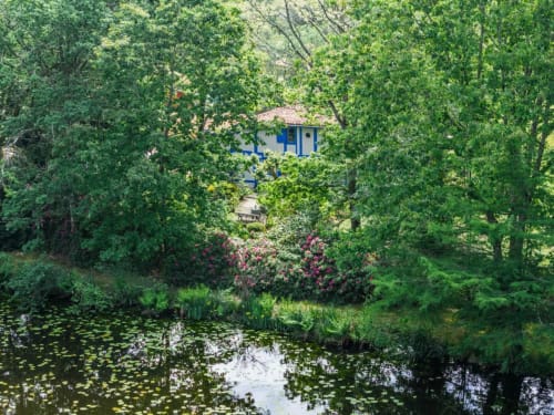 Moulin aux volets bleus niché dans une verdure luxuriante avec étang, Le Moulin De Lassalle, Linxe