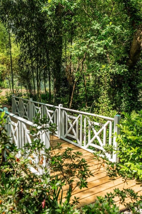 Passerelle en bois aux rampes blanches serpentant à travers une forêt verdoyante au Moulin de Lassalle, Linxe, France