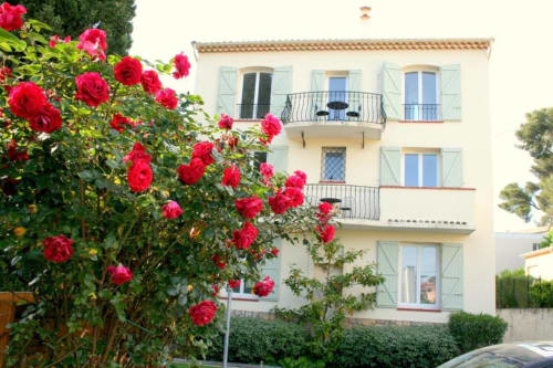Hôtel Kimi Résidence à Cannes avec des roses rouges éclatantes en avant-plan et bâtiment de style méditerranéen crème