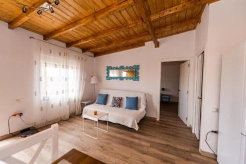 Apartamento Los Olivos en Smart Rent Fuerteventura, Tarajalejo: techo de madera, cama con almohadas azules y vistas a las montañas