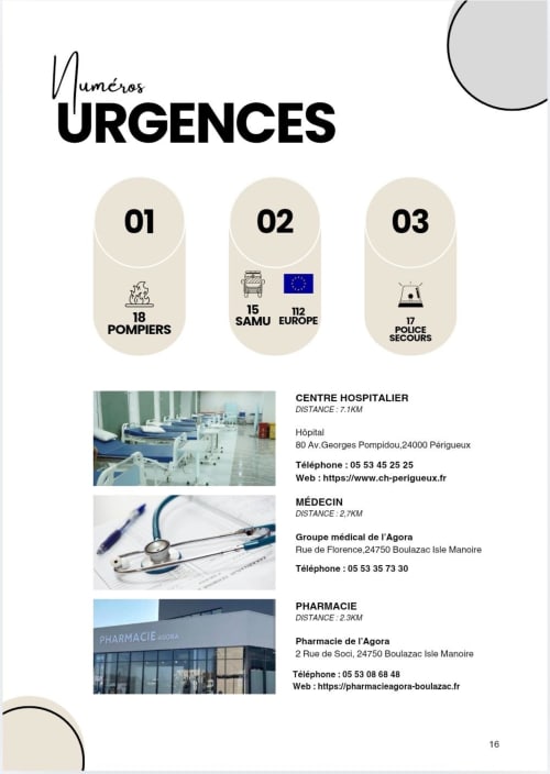 Emergency services directory for Boulazac: firefighters, SAMU, police, hospital, doctor, and pharmacy contact info
