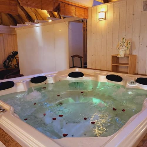 Grand bain à remous avec pétales de roses rouges à l'hôtel Le Mas de Rigoulac à Argences-en-Aubrac