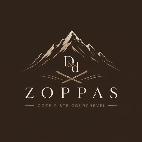 Logo de l'hôtel de luxe Zoppas Courchevel avec sommets montagneux et bâtons de ski croisés sur fond sombre