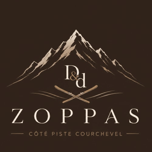 Logo de l'hôtel de luxe Zoppas avec pics de montagne et skis, station de ski de Courchevel