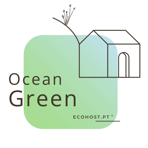 Ocean Green EcoHost logo featuring modern house design with plant, Perafita Portugal sustainable accommodation