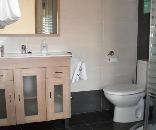 Baño moderno en apartamento La Viña 2 con vanitory de madera, inodoro blanco, paredes azulejos, espejo y toallero