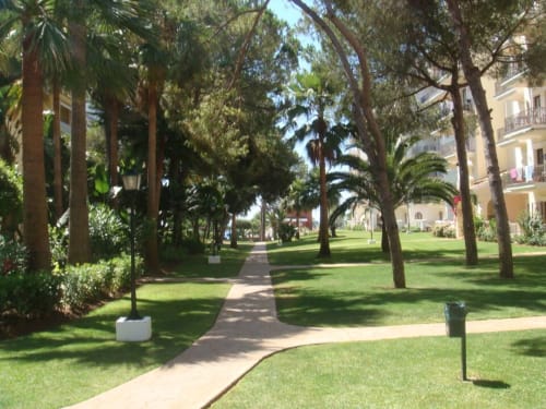 Palm tree-lined garden pathway at Marbella Home Rentals apartment in Puerto Banús with manicured lawns and Mediterranean