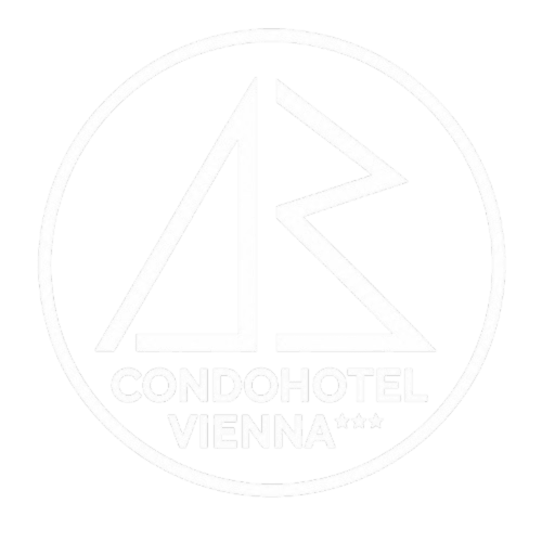 Logo Condohotel Vienna con design geometrico di montagne, hotel Pesaro