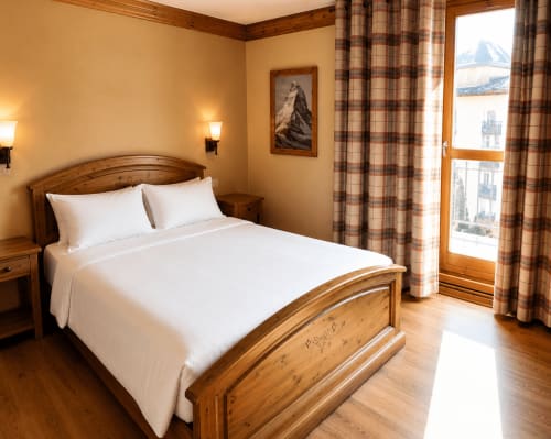 Chambre douillette avec lit en bois, draps blancs et vue sur les montagnes à l'hôtel Le Chalet des Cimes en Savoie