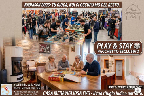 Evento board game Naonison 2026 a Casa Meravigliosa a Fontanafredda con tavoli da gioco e accogliente area lounge.