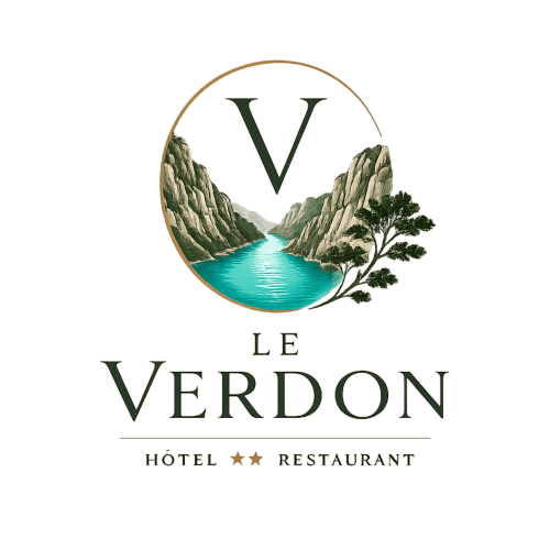 Logo du restaurant hôtel Le Verdon : eaux turquoise entre falaises rocheuses et un arbre, Les Salles-sur-Verdon