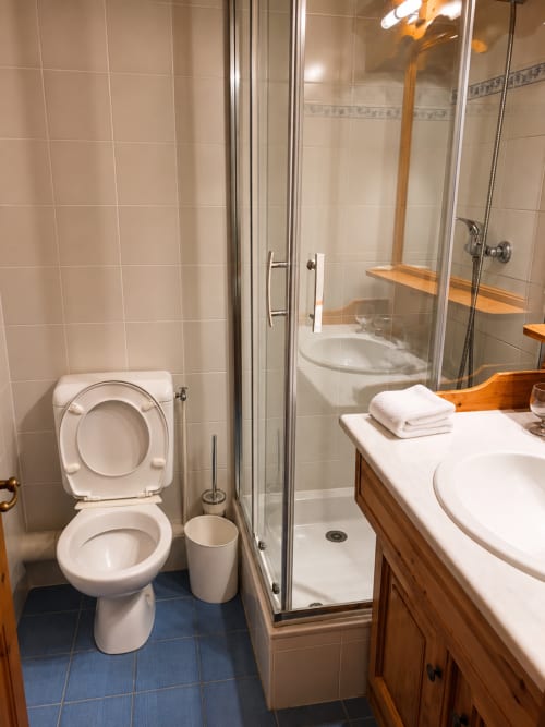 Salle de bain moderne de l'appartement Le Chalet des Cimes à Belle Plagne avec douche, toilettes et vasque en bois