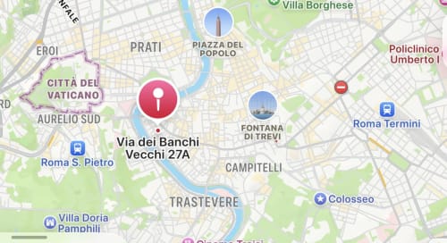 Mappa di Roma con la localizzazione della casa vacanze di Flavia in Via dei Banchi Vecchi, vicino al Vaticano e al Tevere