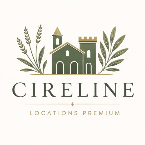 Logo premium CIRELINE Locations avec immeuble vert, tour et branches d'olivier, Rognes France