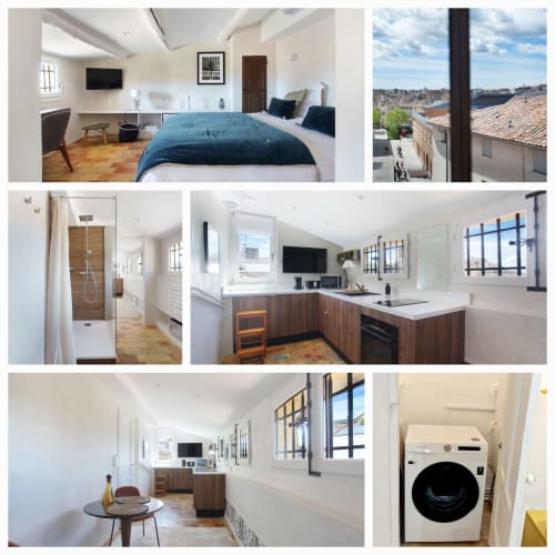 Suite Sainte Victoire at Les Suites de Montigny, Aix-en-Provence: bedroom, kitchen, bathroom, and city views