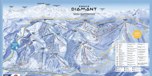 Carte de la station de ski Espace Diamant montrant les pistes et remontées mécaniques à Notre Dame de Bellecombe