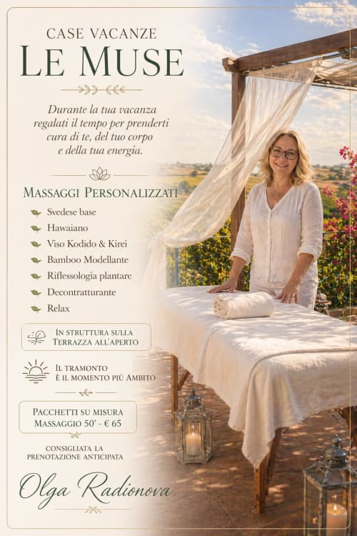 La masaggiatrice Olga presso Case Vacanze Le Muse, Menfi offre trattamenti spa personalizzati sulla terrazza
