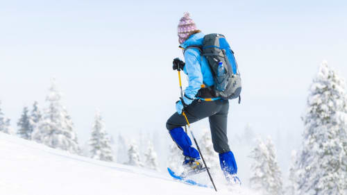 Skieur montant une pente enneigée près de Chez Francine, Notre Dame de Bellecombe, Alpes françaises