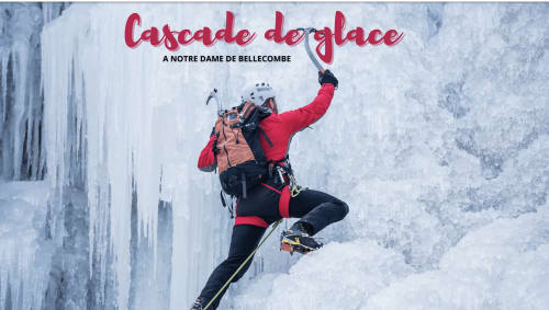 Ice climber in red jacket scaling frozen waterfall at Cascade de Glace, Notre Dame de Bellecombe
