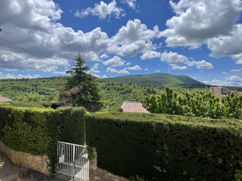 Vue panoramique de montagne depuis le Studio d'Hôtel d'Albion à Sault, France avec haies vertes et pic lointain