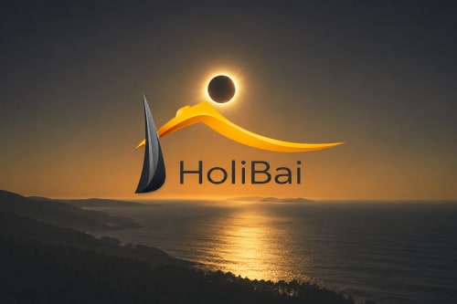 Logo de Holibai con velero y eclipse sobre el atardecer costero de Baiona.