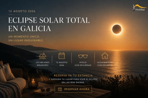 Eclipse solar total el 12 de agosto de 2026 en Galicia. Alojamientos   Holibai en Baiona para observar el eclipse.