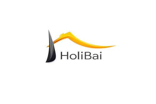 Logo de HoliBai con onda amarilla y diseño de vela oscura para este alojamiento en Baiona, España