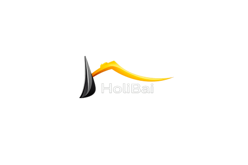 Logo de HoliBai con velero y trazo amarillo, alquiler vacacional en Baiona, España