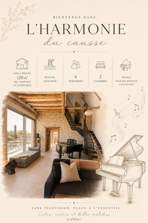Gîte l'Harmonie du Causse : villa élégante avec piscine chauffée, piano, 2 chambres, havre paisible en Occitanie