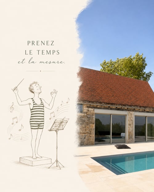 Gîte l'Harmonie du Causse : piscine avec illustration de chef d'orchestre et texte français