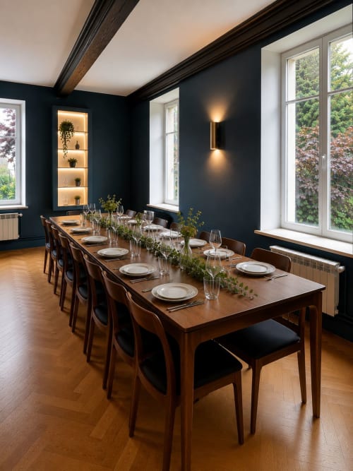 Élégante salle à manger à Maison Agami avec long table en bois, chaises modernes, murs sombres et poutres apparentes à Rosières aux