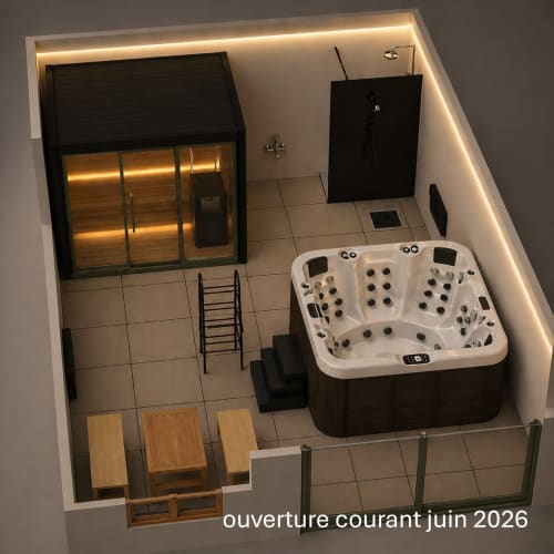 Disposition de la salle de spa à Maison Agami avec jacuzzi blanc, sauna, douche et sièges en bois