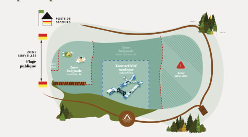 Chez Francine beach map showing public beach, aquapark, and tidal zones in Flumet, France