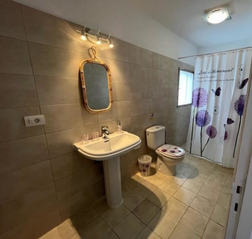 Modern bathroom in Villa Estrella Polar apartment with pedestal sink, golden mirror, toilet, and purple floral shower curtain