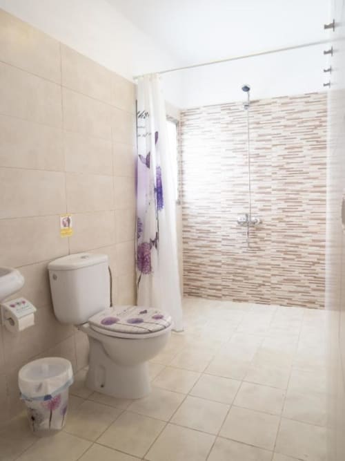 Modern bathroom in Villa Estrella Polar apartment with toilet, walk-in shower with striped tile, cream walls, and purple