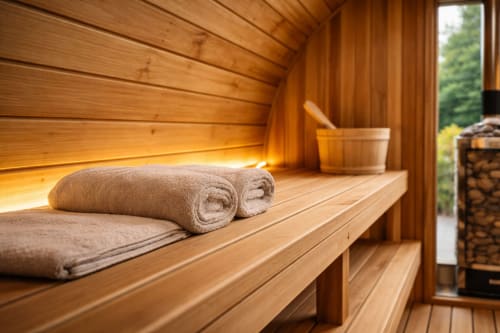 Intérieur du sauna de la Ferme Saint-Georges en Provence avec serviettes roulées sur banc en bois et poêle