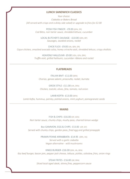 The Old Kings Head Kirton menu featuring lunch sandwiches, flatbreads, and mains with prices and dietary information