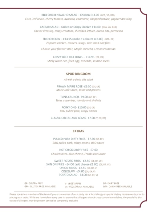Menu from The Old Kings Head, Kirton featuring BBQ chicken nacho salad, Caesar salad, trio chicken, crispy beef rice bowl,